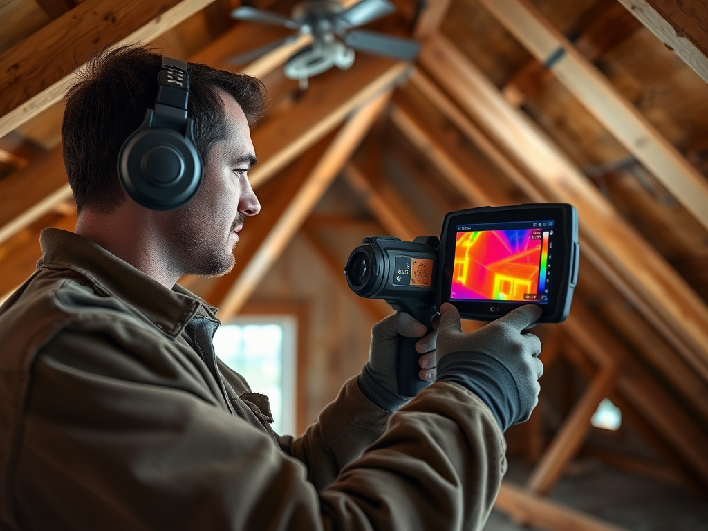 Technician conducting a home energy audit with a thermal imaging camera