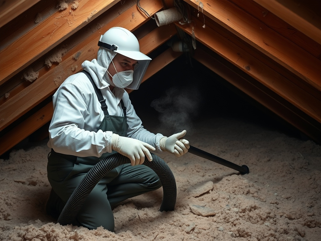 Technician removing old degraded insulation from an attic space